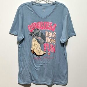 Simply Southern “Cowgirls Have More Fun” short sleeve blue pink graphic t-shirt